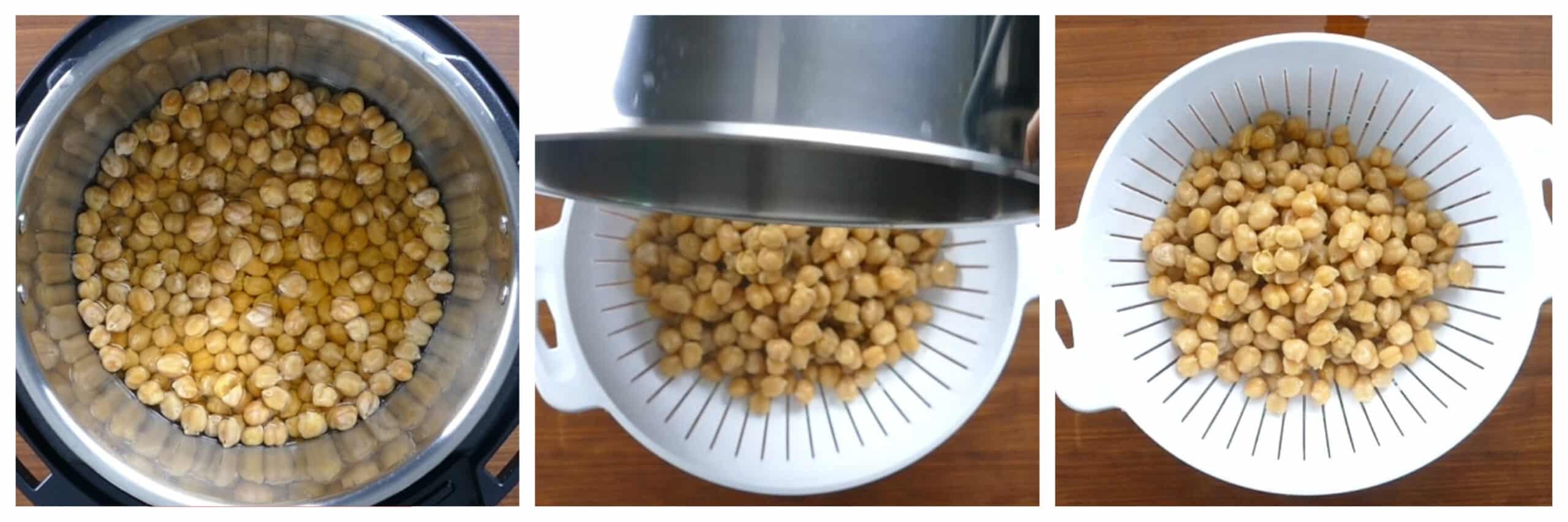 Instant Pot Chickpeas Instructions collage - cooked chickpeas in water, being drained, drained into collander