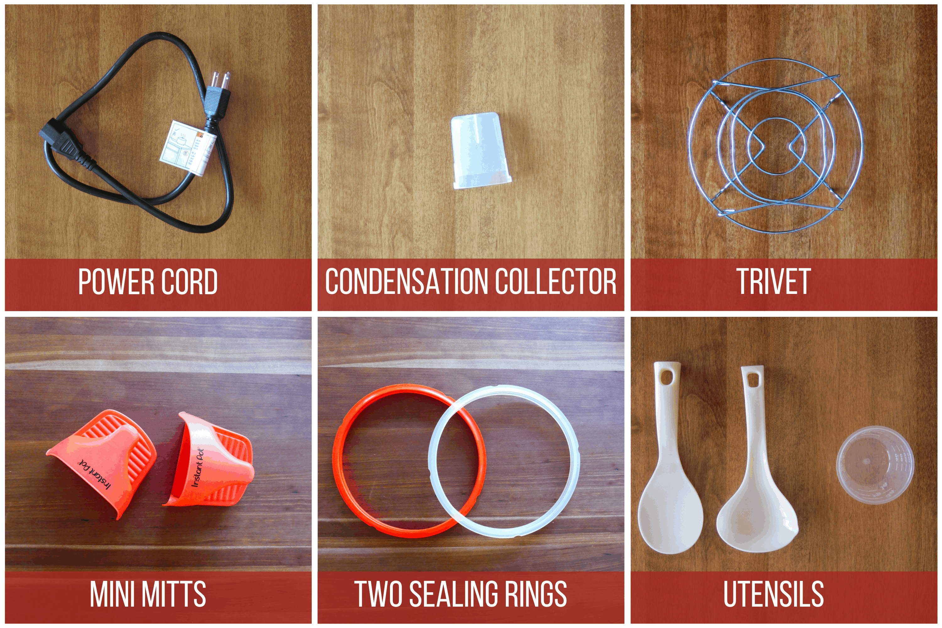 Instant Pot Duo Gourmet Accessories -power cord, condensation collector, trivet, mini mitts, two sealing rings, utensils