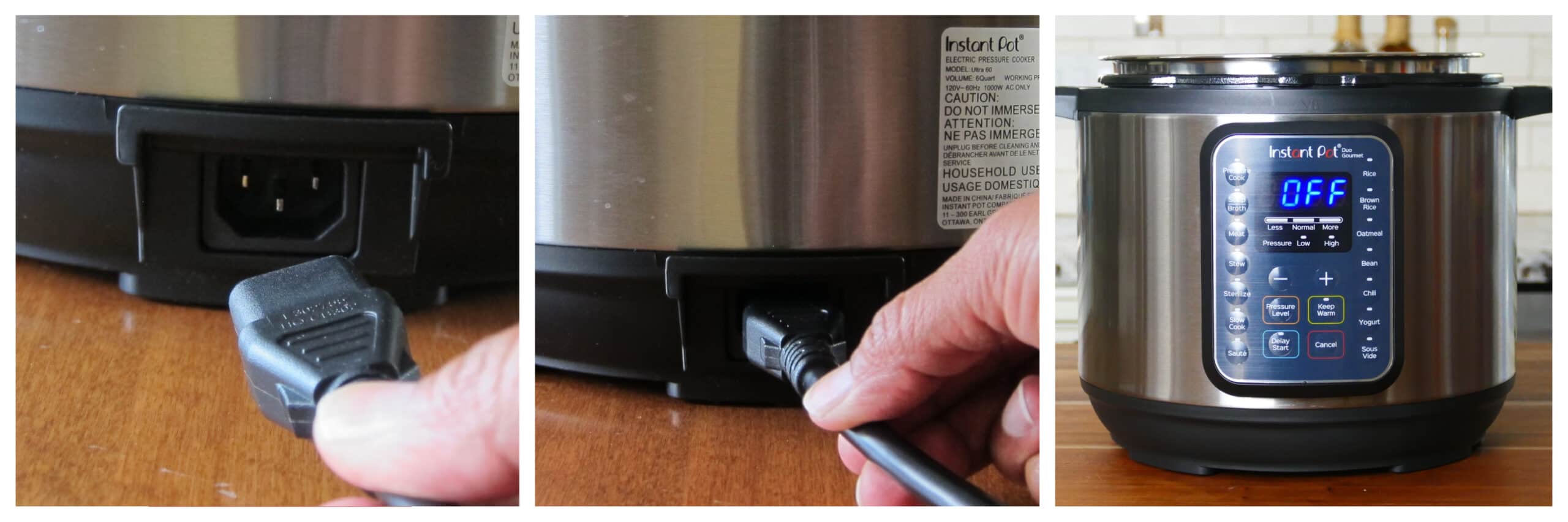 Instant Pot Duo Gourmet collage - plug being attached, display says off