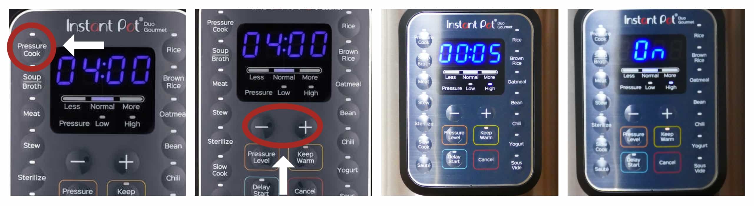 Instant Pot Duo Gourmet Water Test - press Pressure Cook, plus or minus, display changes to 00:05, then to On