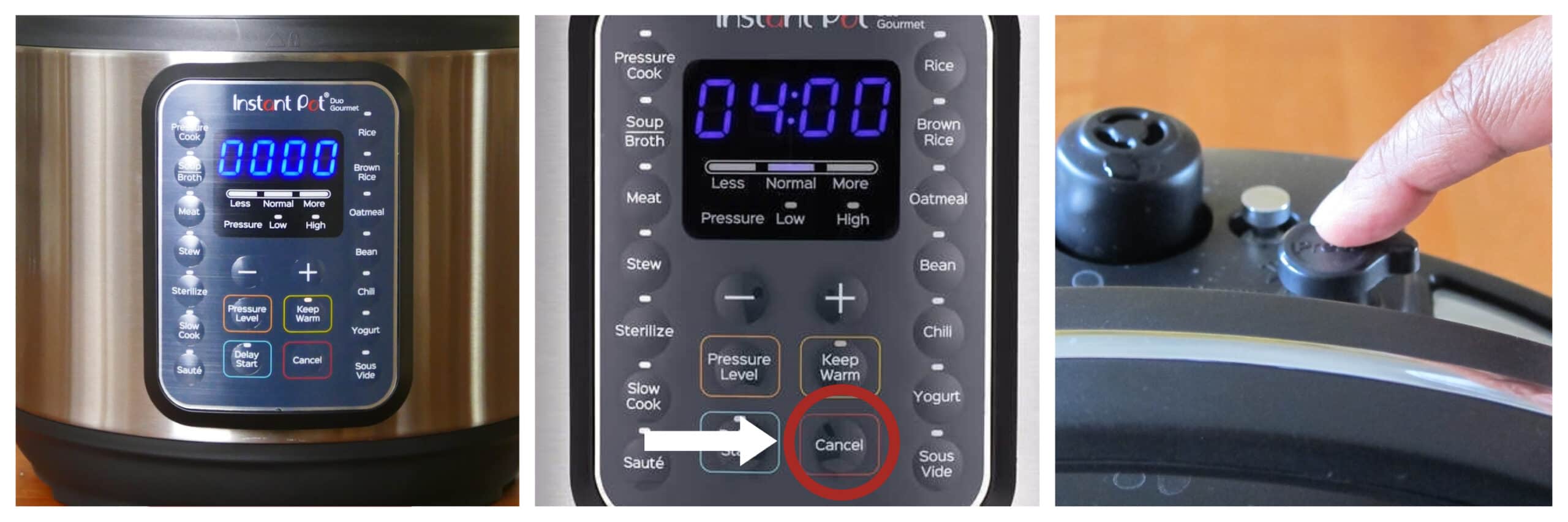 Instant Pot Duo Gourmet display says 0000 cancel pressure steam release button