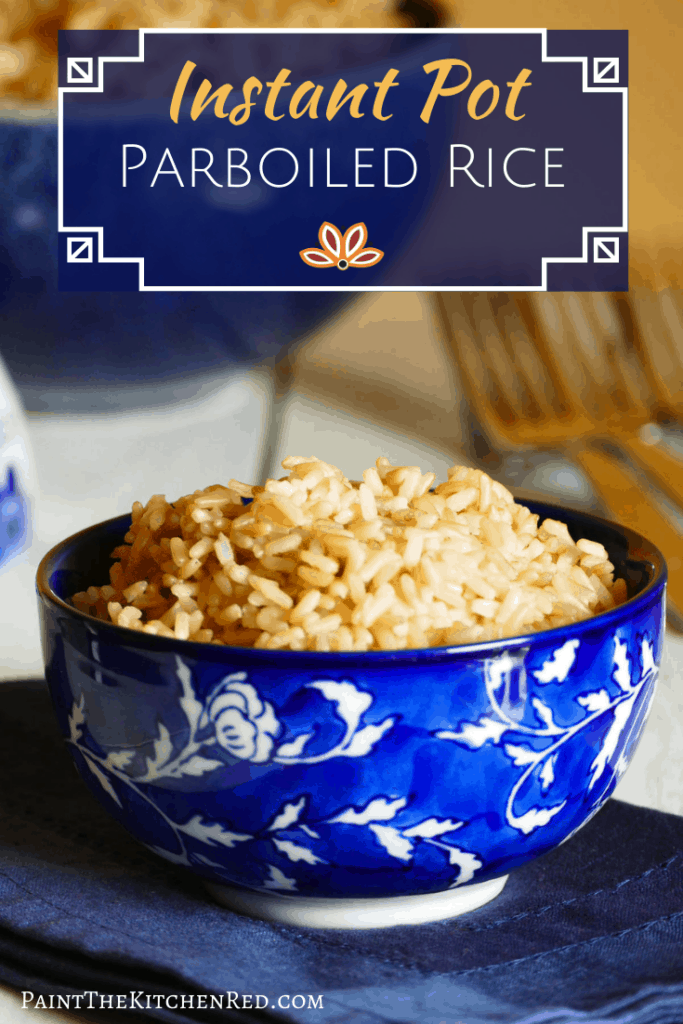 Parboiled brown rice in a blue bowl with a larger bowl of rice in background Pinterest Pin