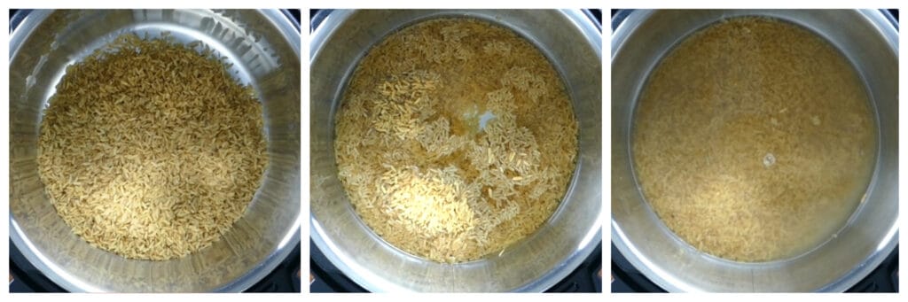 Instant Pot Parboiled Rice Instructions collage - rice in inner pot, water, stirred