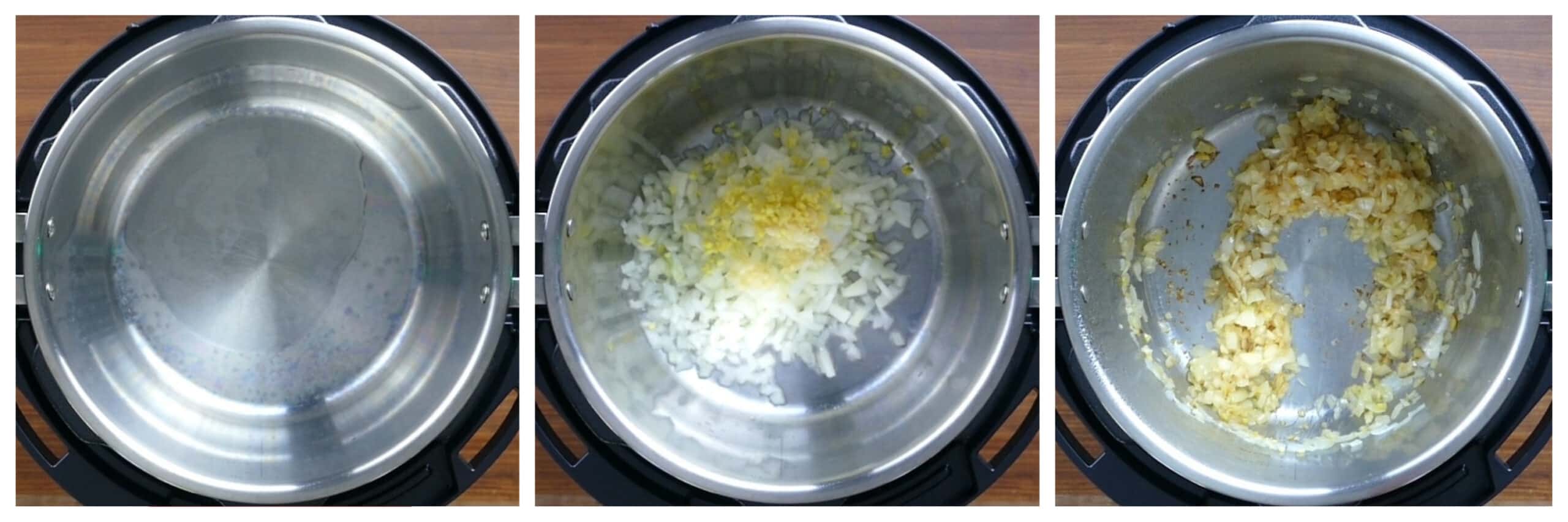 Instant Pot Curried Risotto Instructions collage - oil, onions, sauteed