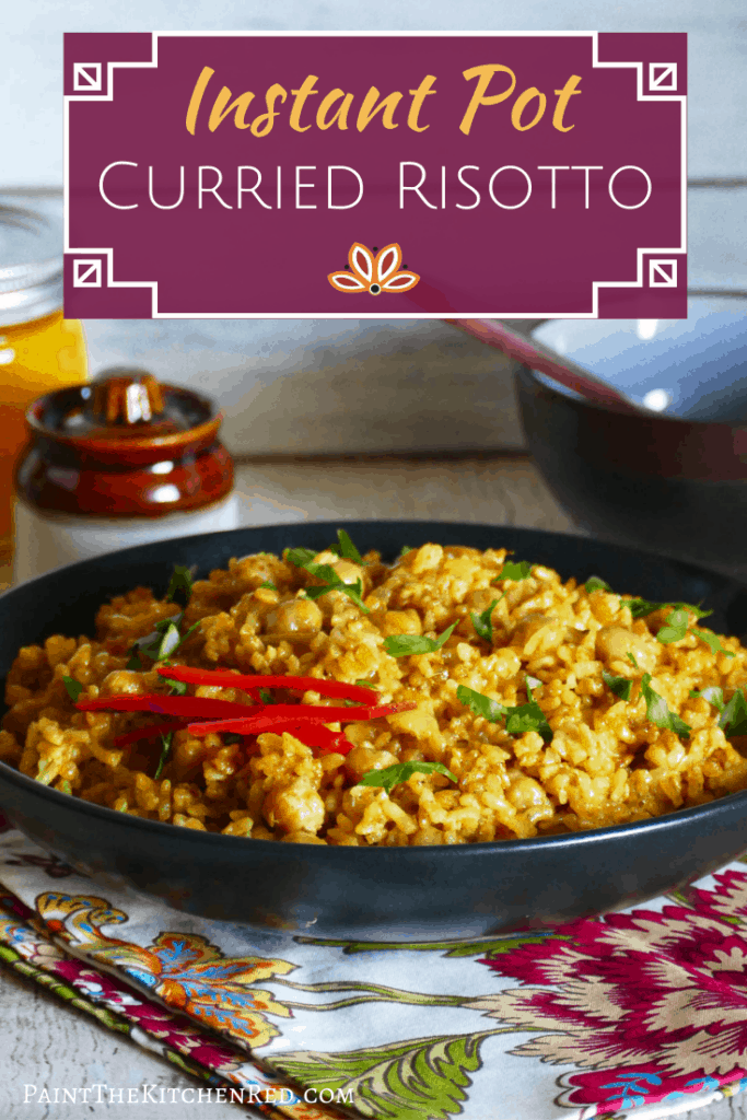 Instant Pot Curried Risotto Pinterest pin with chickpeas garnished with cilantro