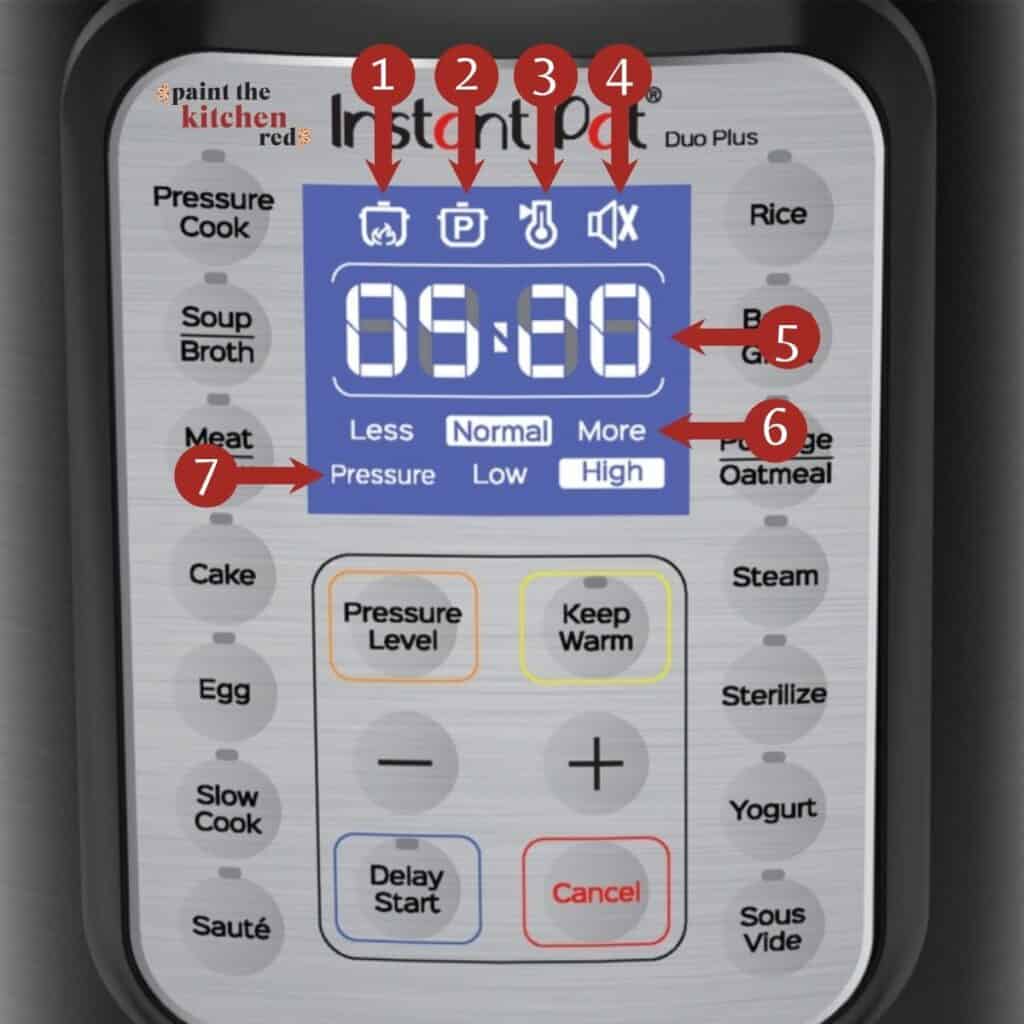 Instant Pot Duo Plus display panel with numbers 1 to 7 pointing to features