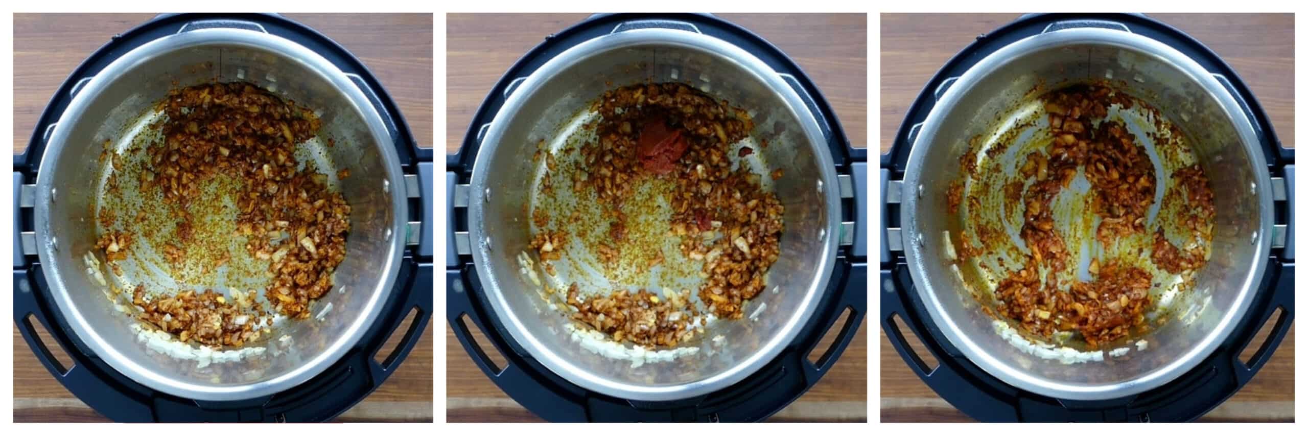 Instant Pot Misir wot instructions collage - onion mix sauteed, tomato paste added and stirred