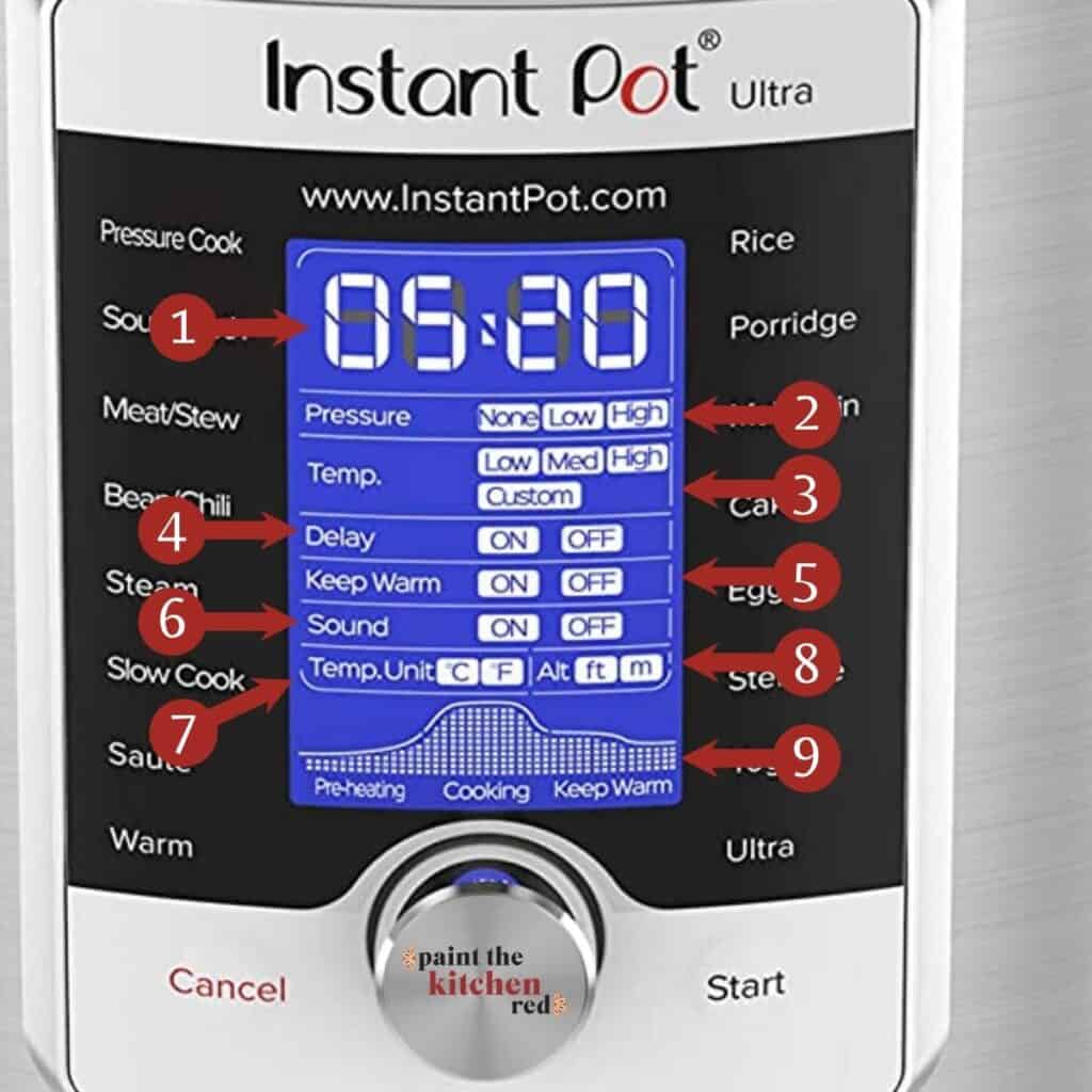 Instant Pot Ultra display panel with numbers 1 to 9 pointing to features