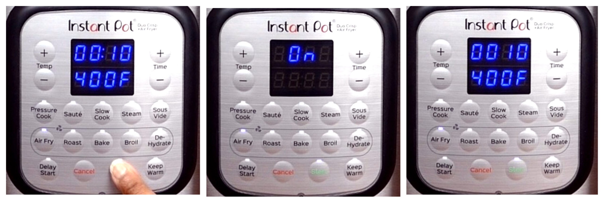 Instant Pot Duo Crisp Air Fry Collage - press start, display says on, display says 10 minutes