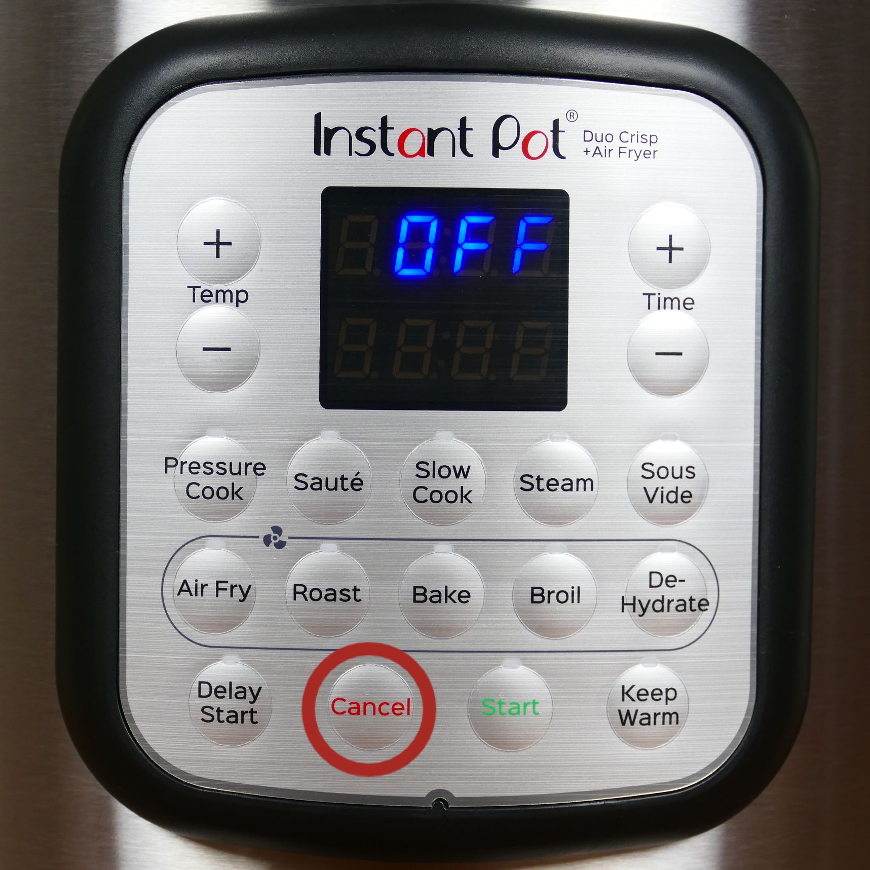 Instant Pot Duo Crisp Display Panel Cancel button circled in red