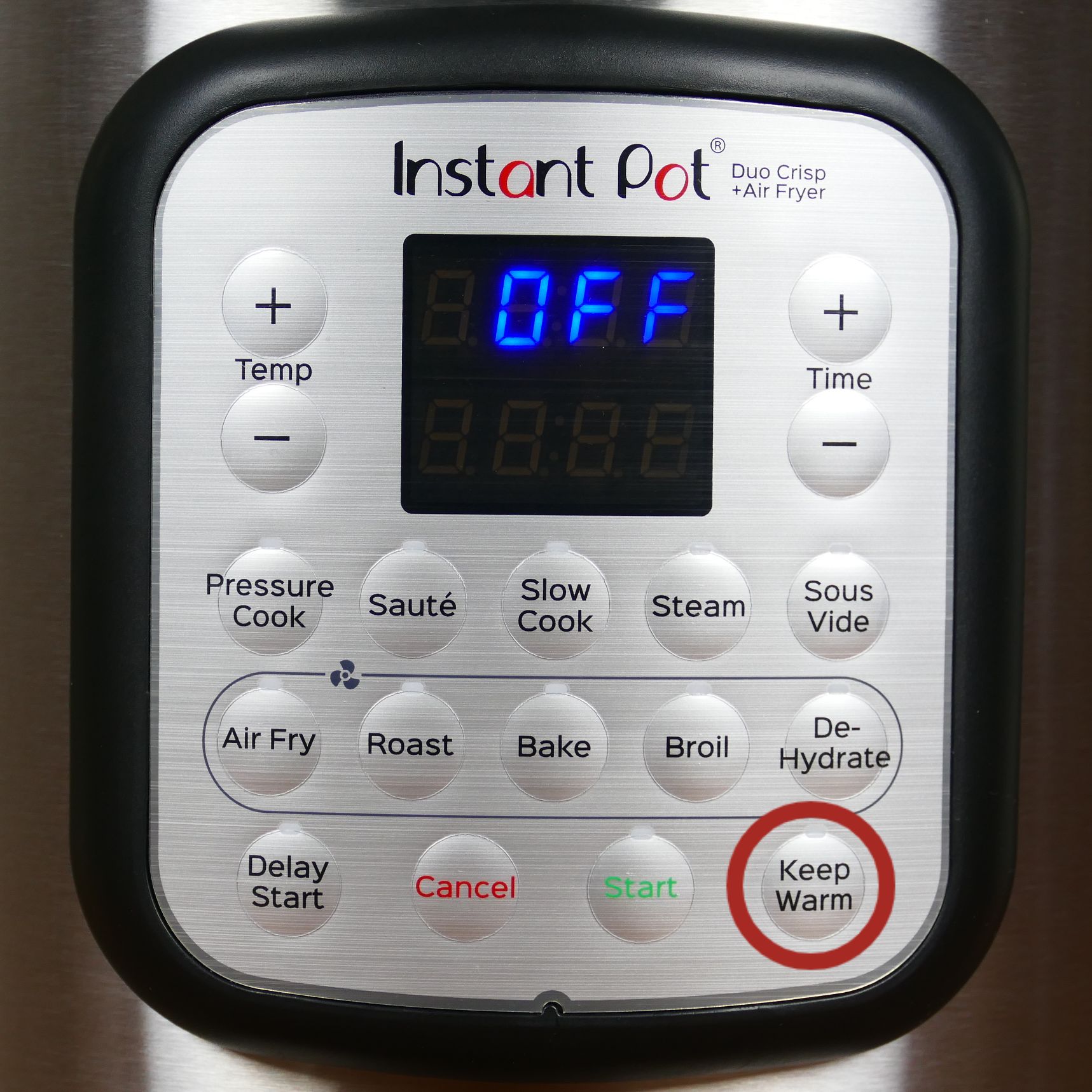Instant Pot Duo Crisp Display Panel Keep Warm button circled in red