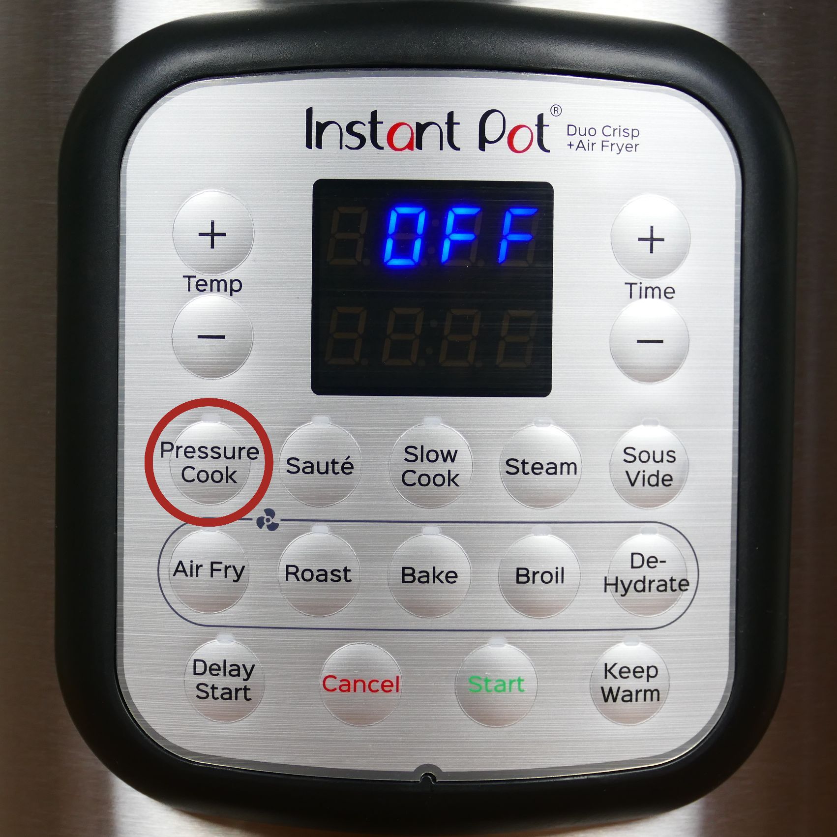 Instant Pot Duo Crisp Display Panel Pressure Cook button circled in red