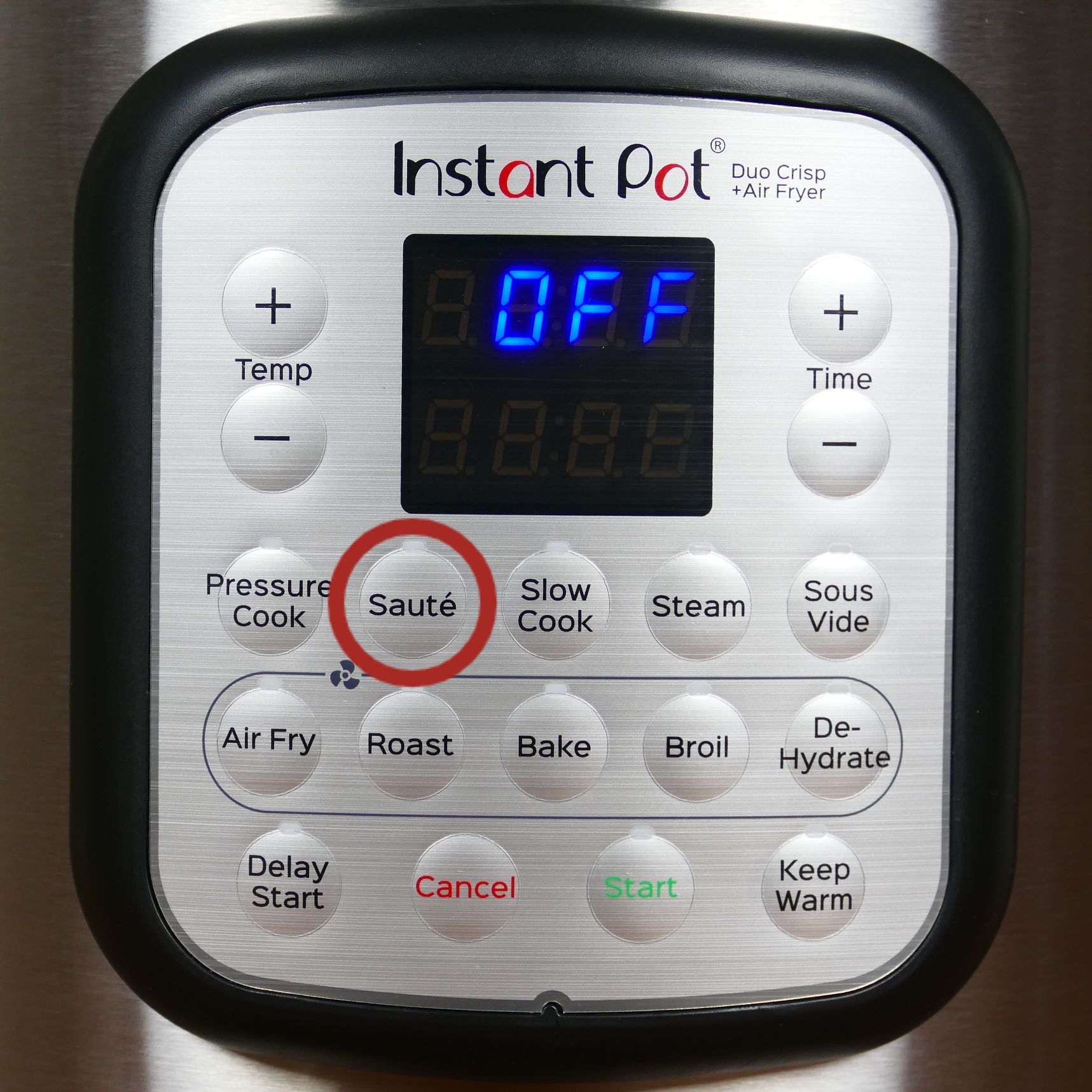 Instant Pot Duo Crisp Display Panel Saute button circled in red