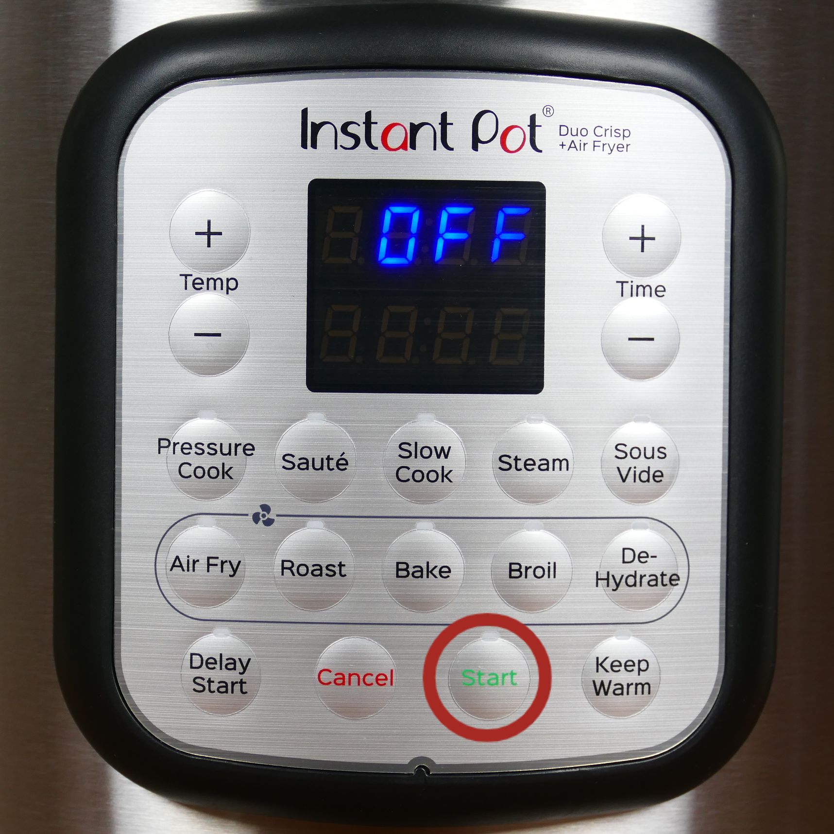 Instant Pot Duo Crisp Display Panel Start button circled in red