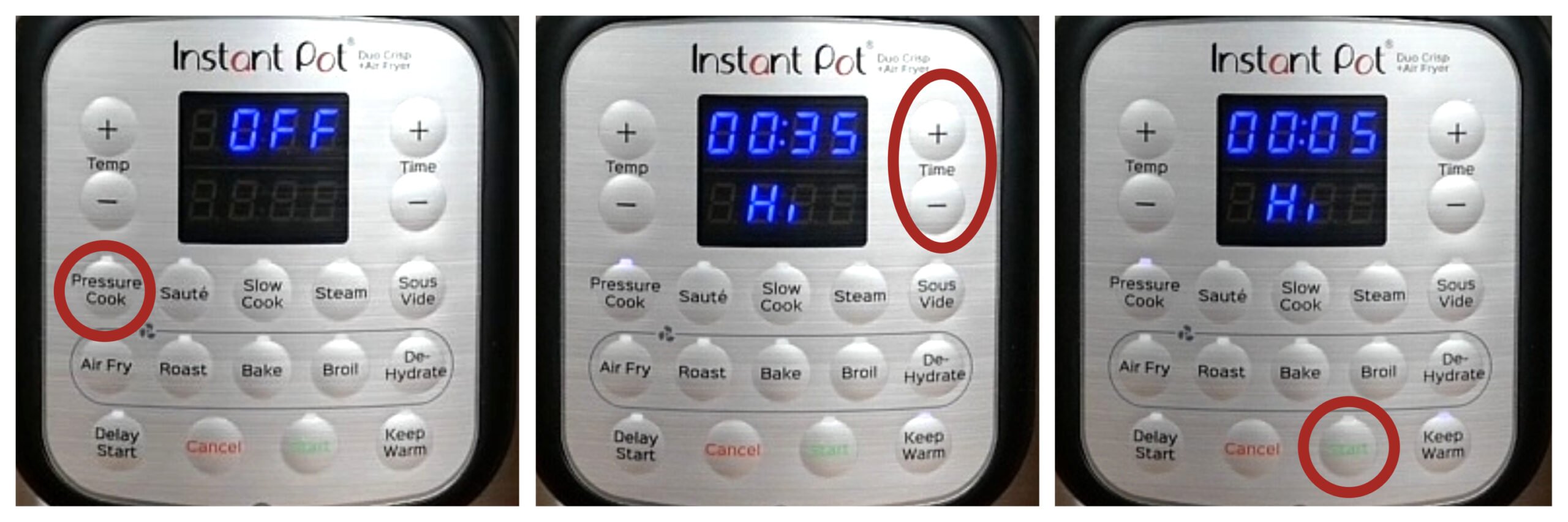 Instant Pot Duo Crisp Water Test collage - pressure cook button, + and -, display says 0005, press start