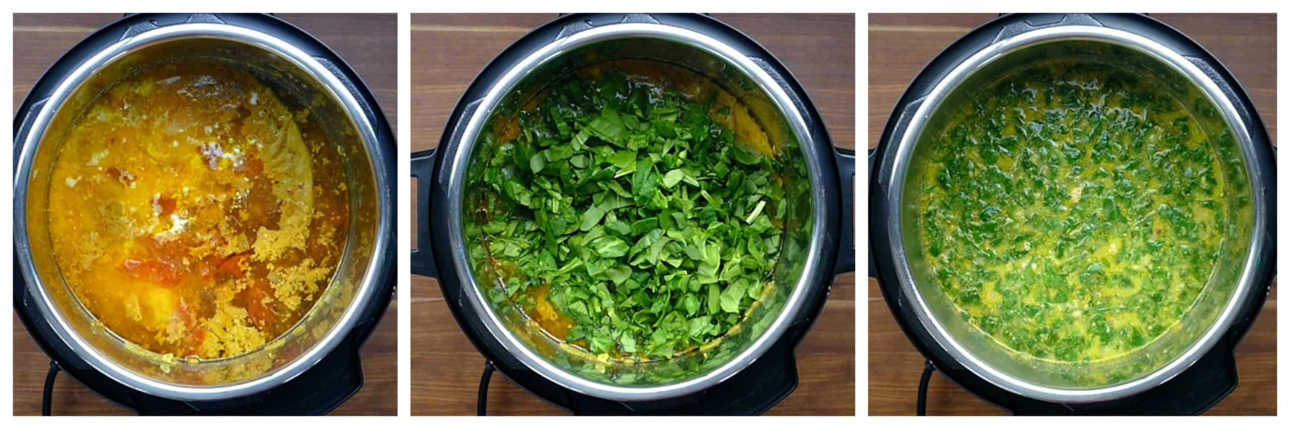 Instant Pot Chicken Curry Soup Instruction Collage - add coconut milk, add spinach, stirred