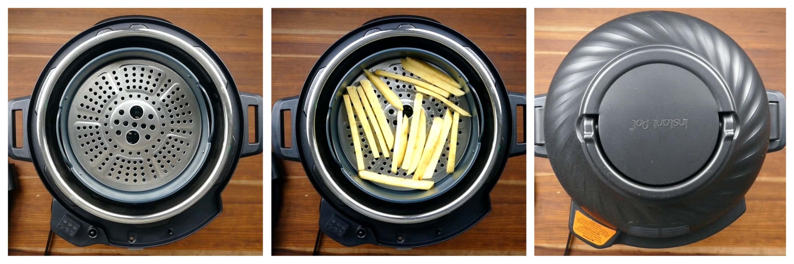 Instant Pot Duo Crisp collage - basket in inner pot, fries in basket, lid on