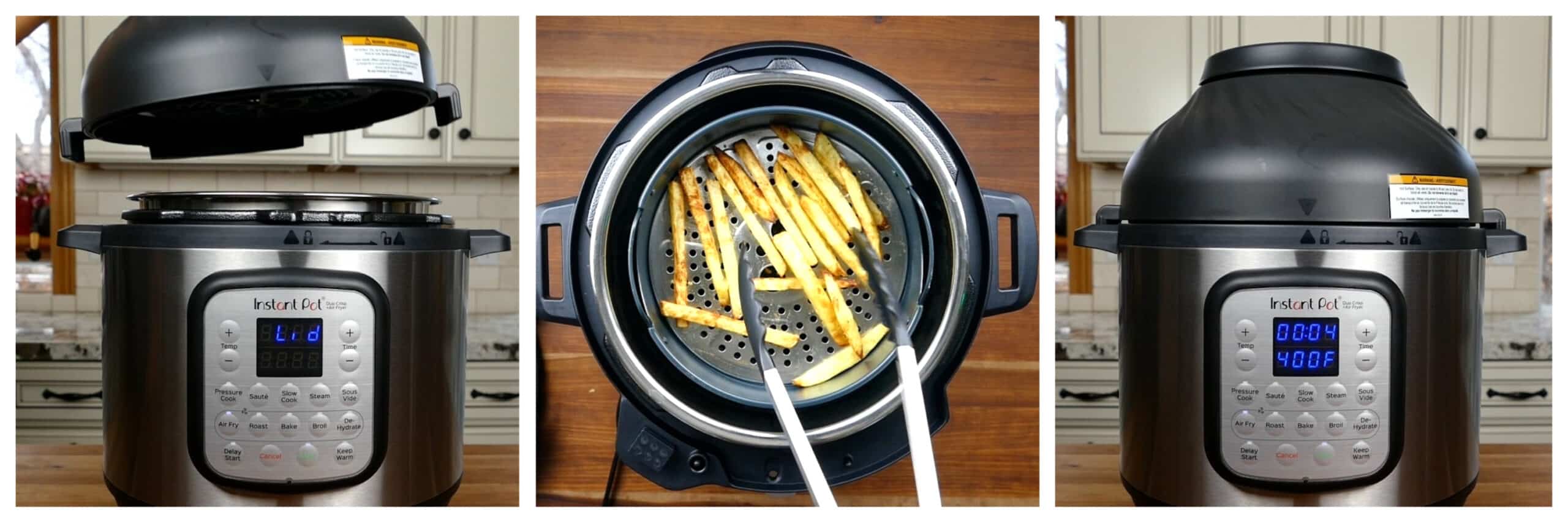 Instant Pot Duo Crisp collage - lift air fryer lid, turn fries, put lid back on