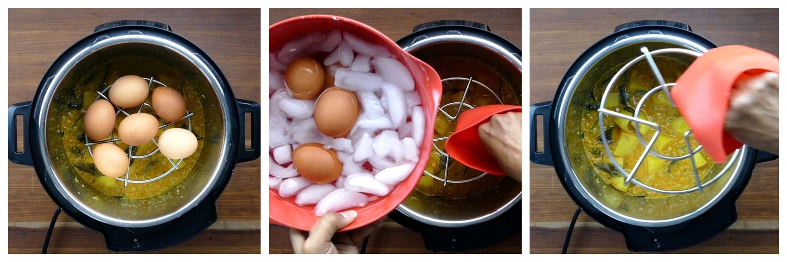 Instant Pot Egg Curry Instructions collage - cooked curry, remove eggs into water bath, remove trivet