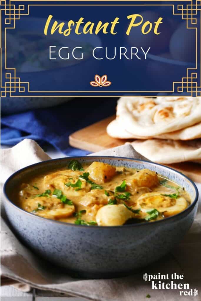 Pinterest pin with Blue speckled bowl of egg curry garnished with cilantro, with another bowl of curry, naan and brown eggs in the background