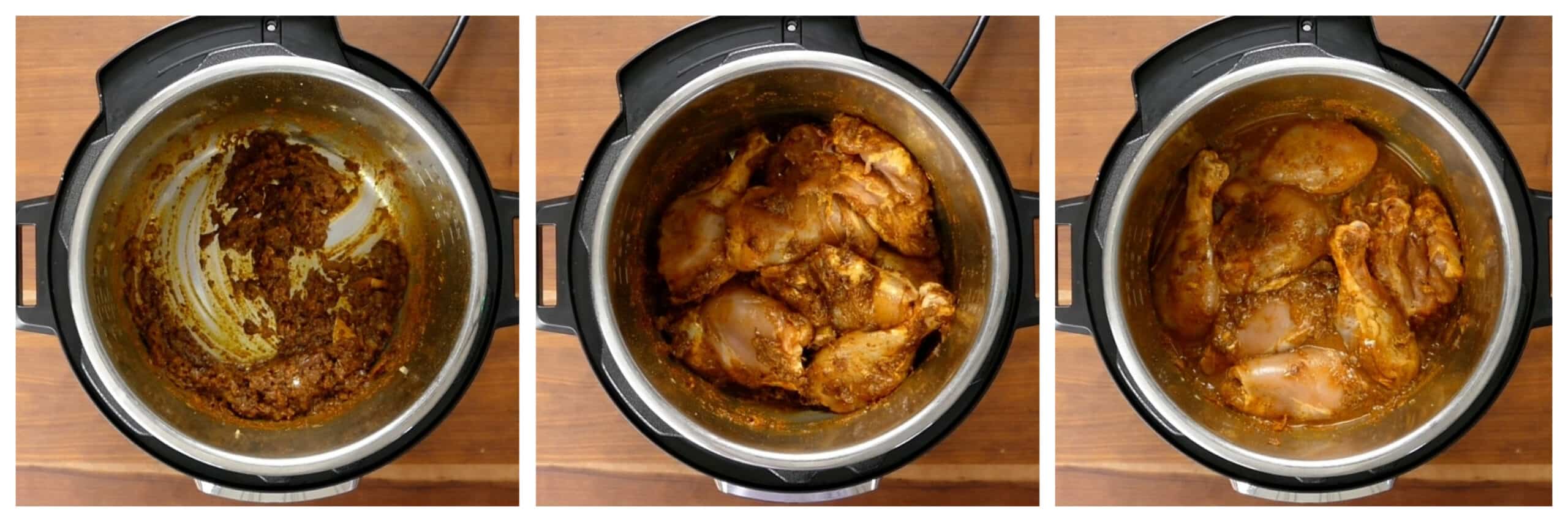 Instant Pot Chicken Curry Instructions - saute spices, chicken, water