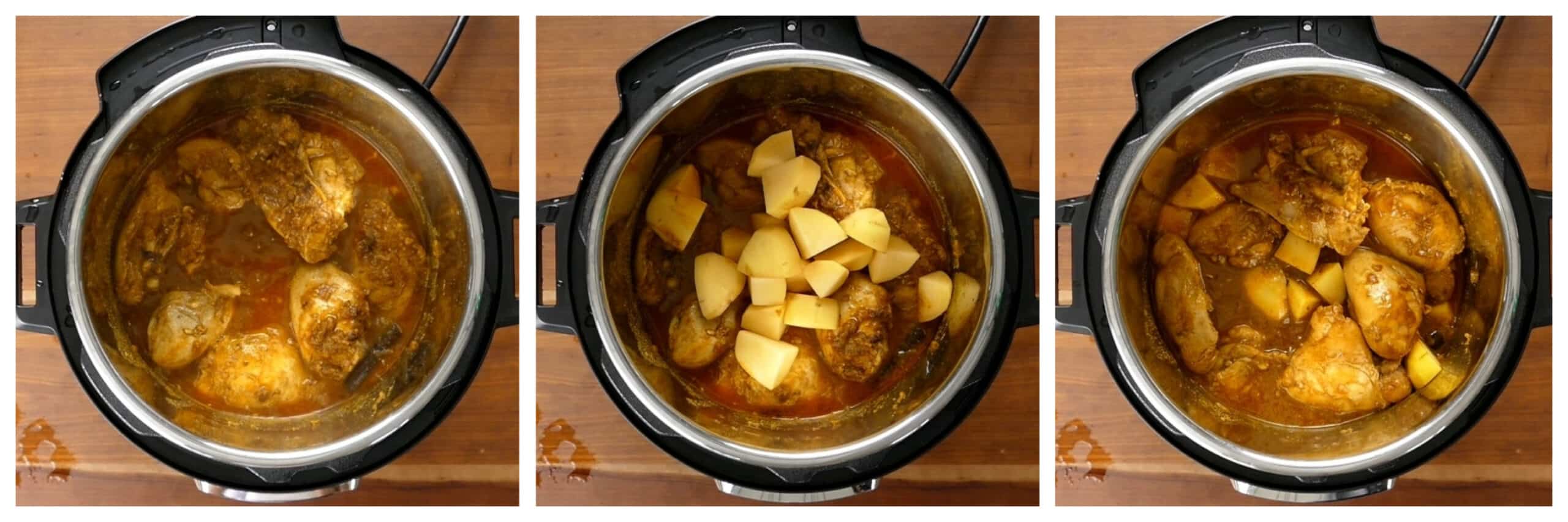 Instant Pot Chicken Curry Instructions cooked chicken, add potatoes, all stirred