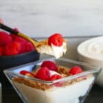 bowl of yogurt with granola and raspberries