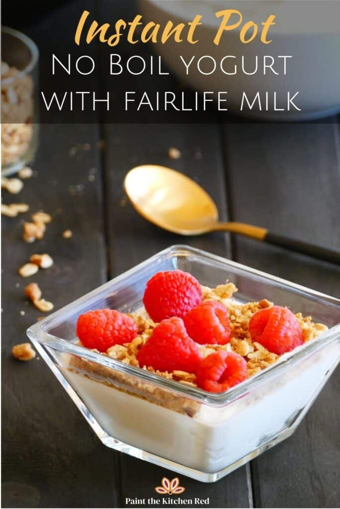 glass bowl of yogurt with granola and raspberries and gold spoon on black background