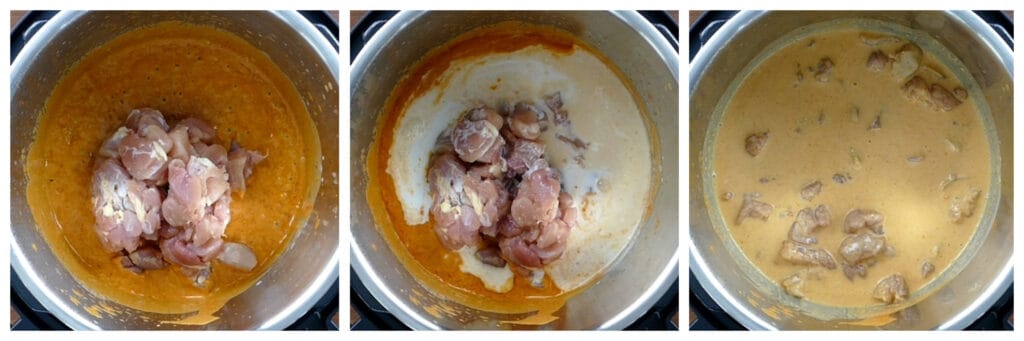 Instant Pot Thai Red Curry Chicken Instructions collage - add chicken, add remaining coconut milk, stirred