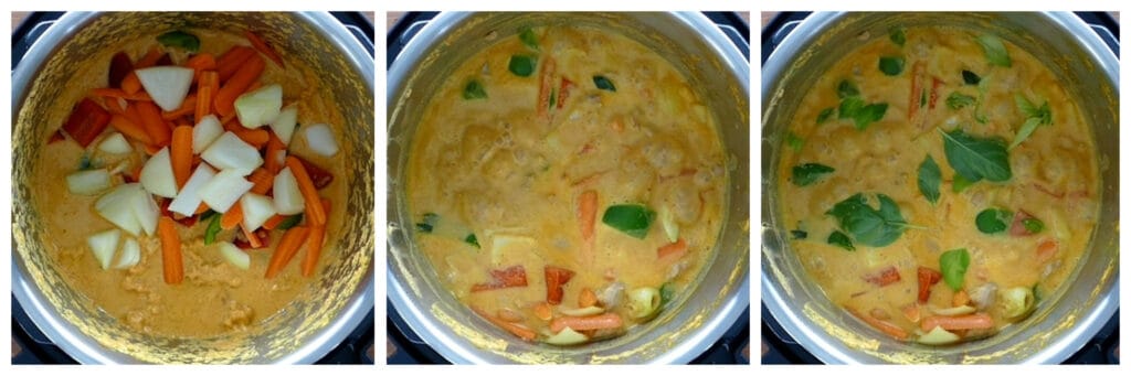 Instant Pot Thai Red Curry Chicken Instructions collage - vegetables, cooked vegetables, basil added