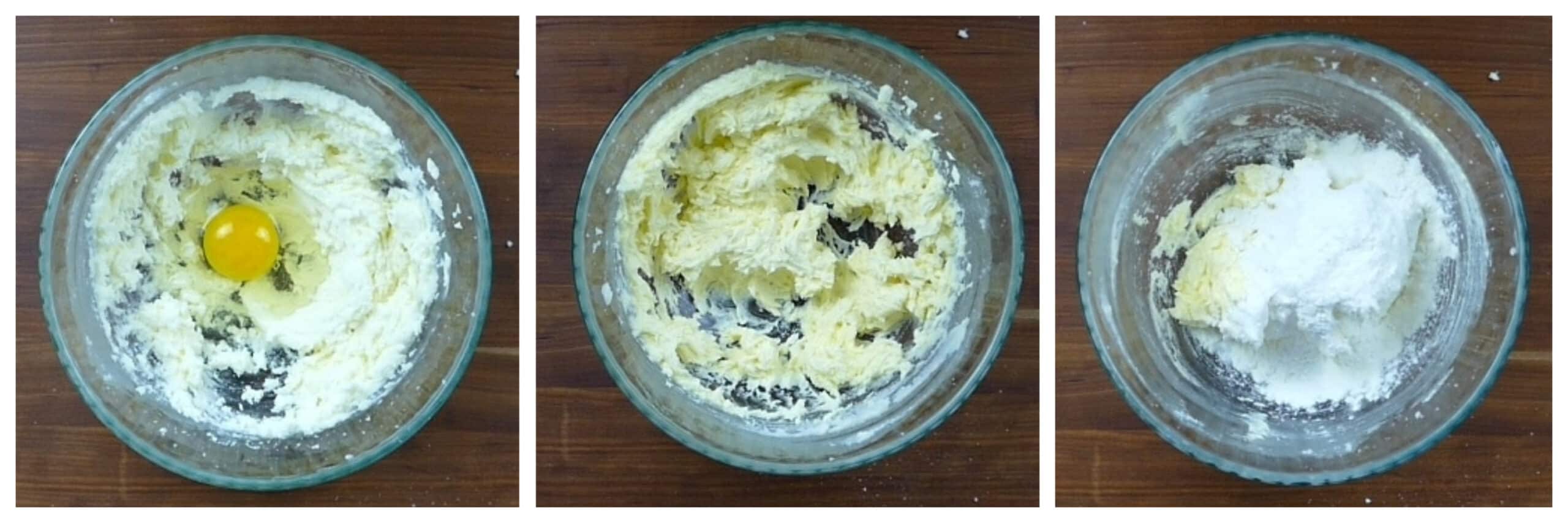 Instant Pot Air Fryer Pound Cake collage - egg in batter, mixed, flour on batter