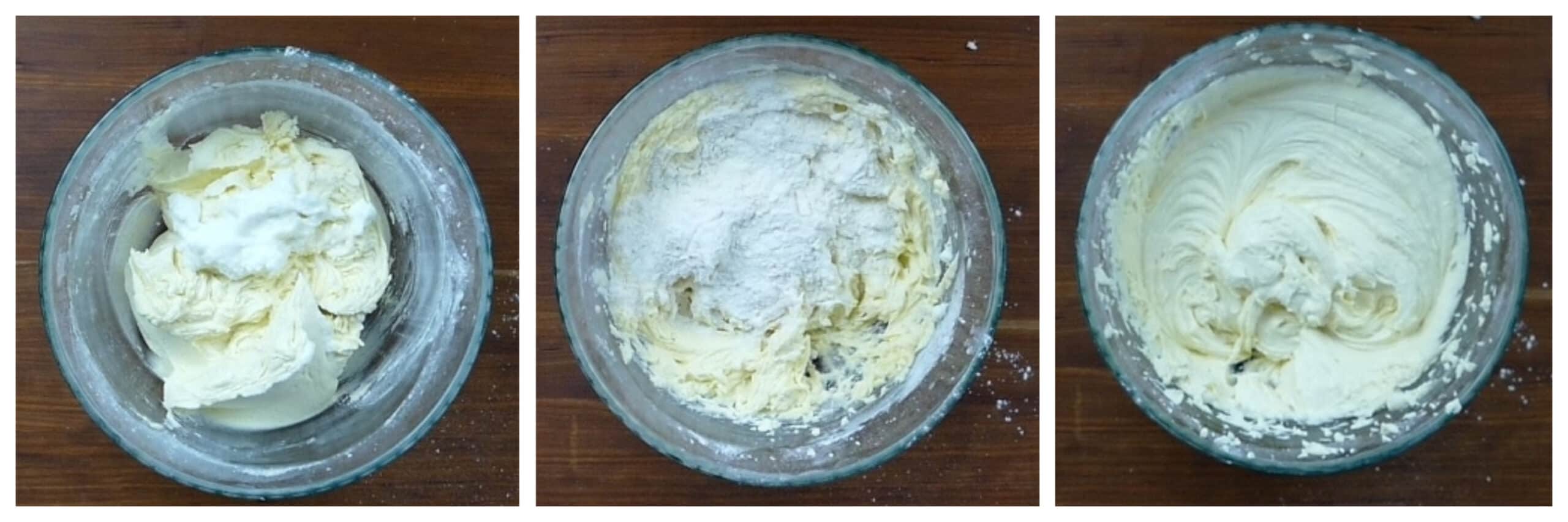 Instant Pot Air Fryer Pound Cake collage - sour cream on batter, flour on batter, all mixed