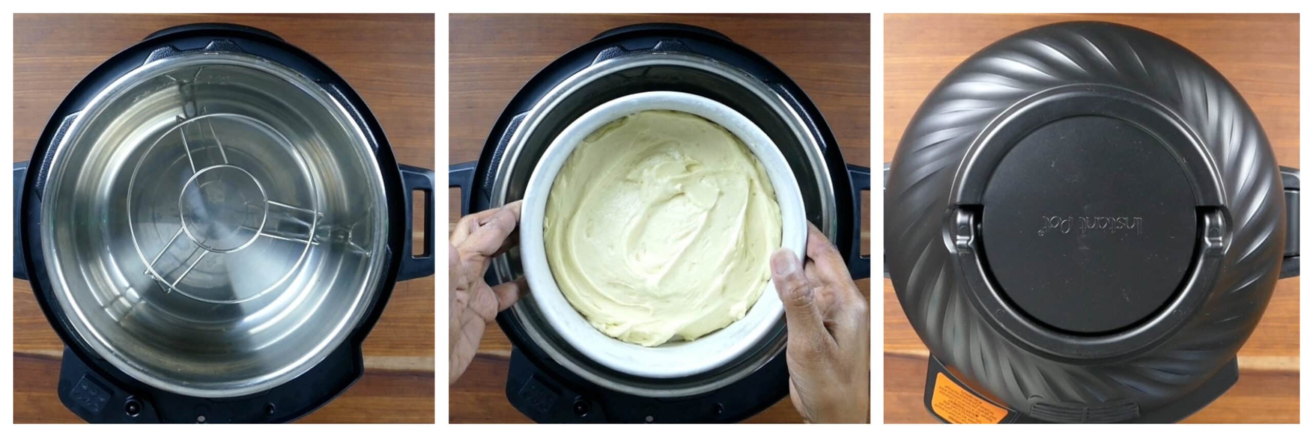 Instant Pot Air Fryer Pound Cake - rack in inner pot, cake pan on rack, cover with air fryer lid