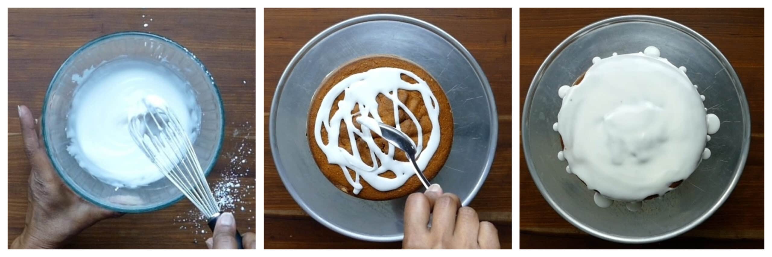 Instant Pot Air Fryer Pound Cake instructions collage - mix icing, pour icing on cake, spread icing