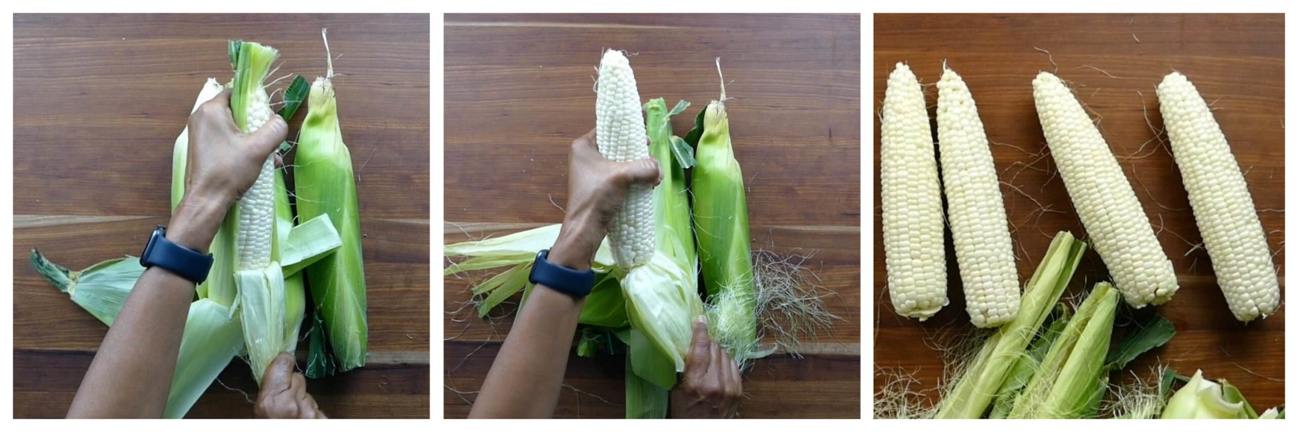 Shuck corn: pull down on one half of husk, pull down other half, four ears of corn husked
