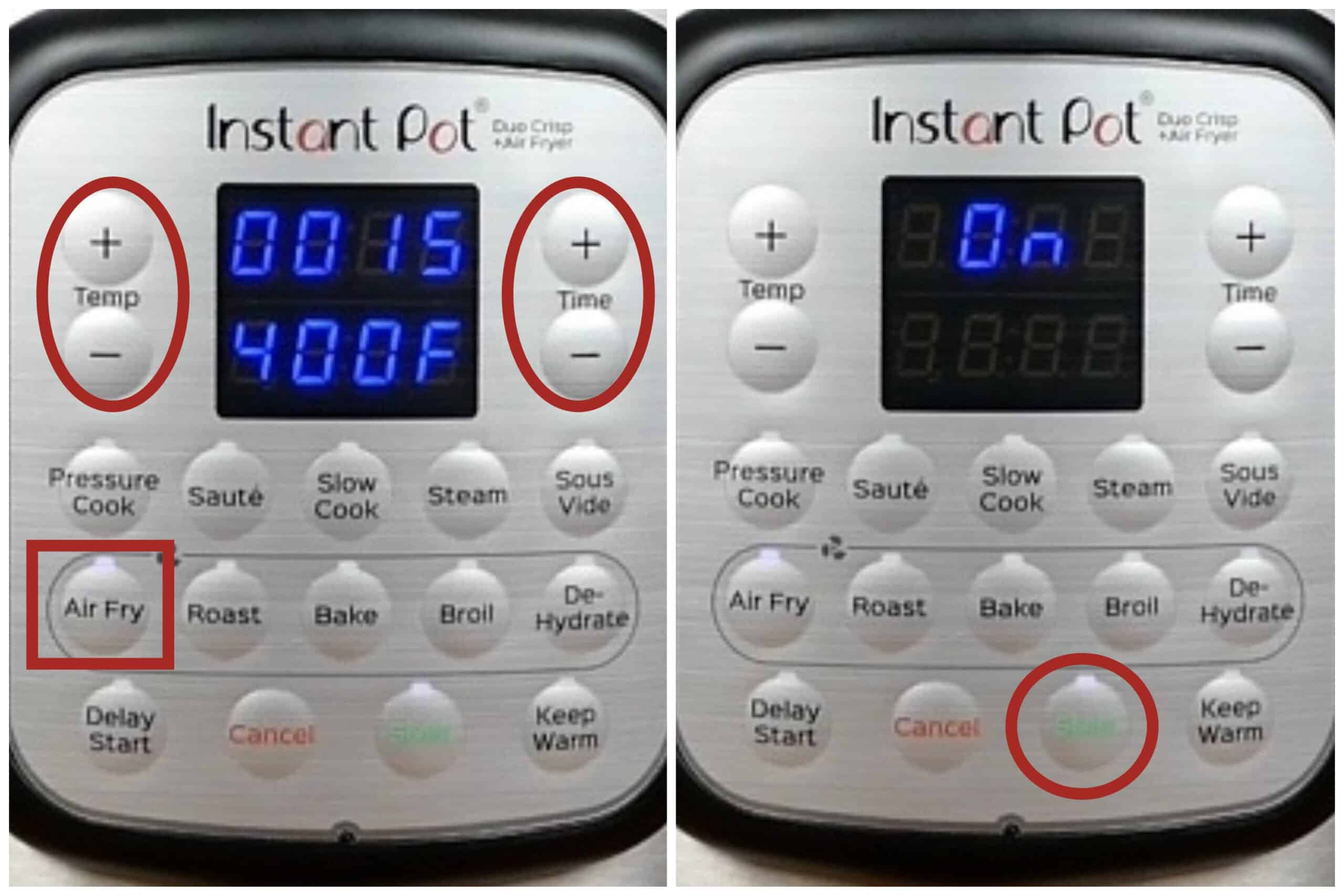 Duo Crisp Air Fry 15 minutes 400F collage - temp, time and air fry buttons circled, start button circled