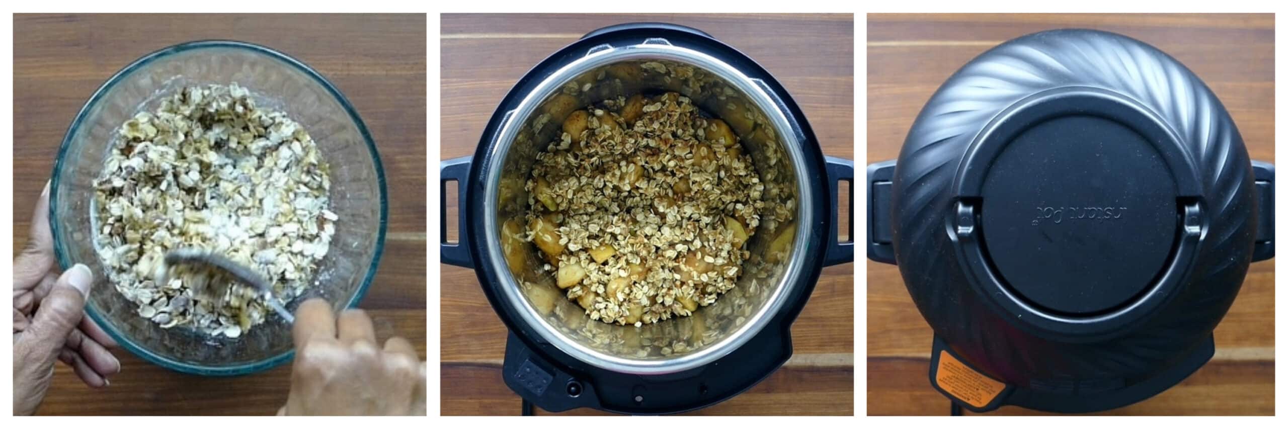 Instant Pot Apple Crisp Instructions collage - stir streusel ingredients, add over apples, air fryer lid on
