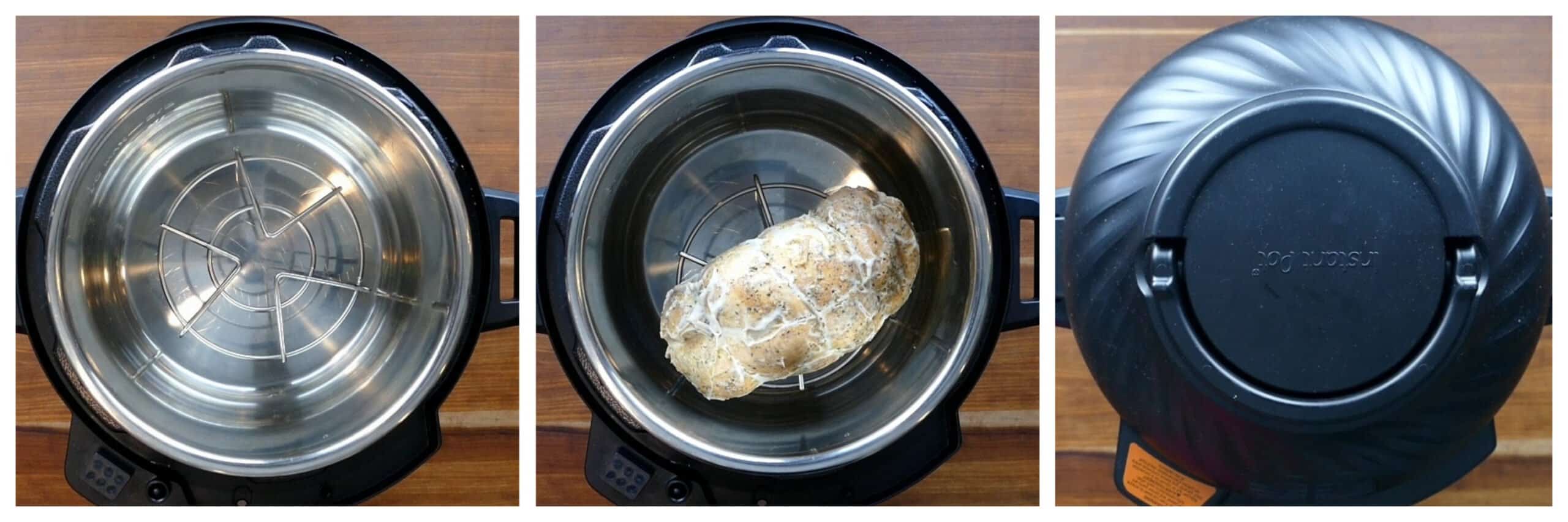 Instant Pot Sous Vide Turkey Breast Instructions collage - trivet in inner pot, turkey on trivet, air fryer lid on