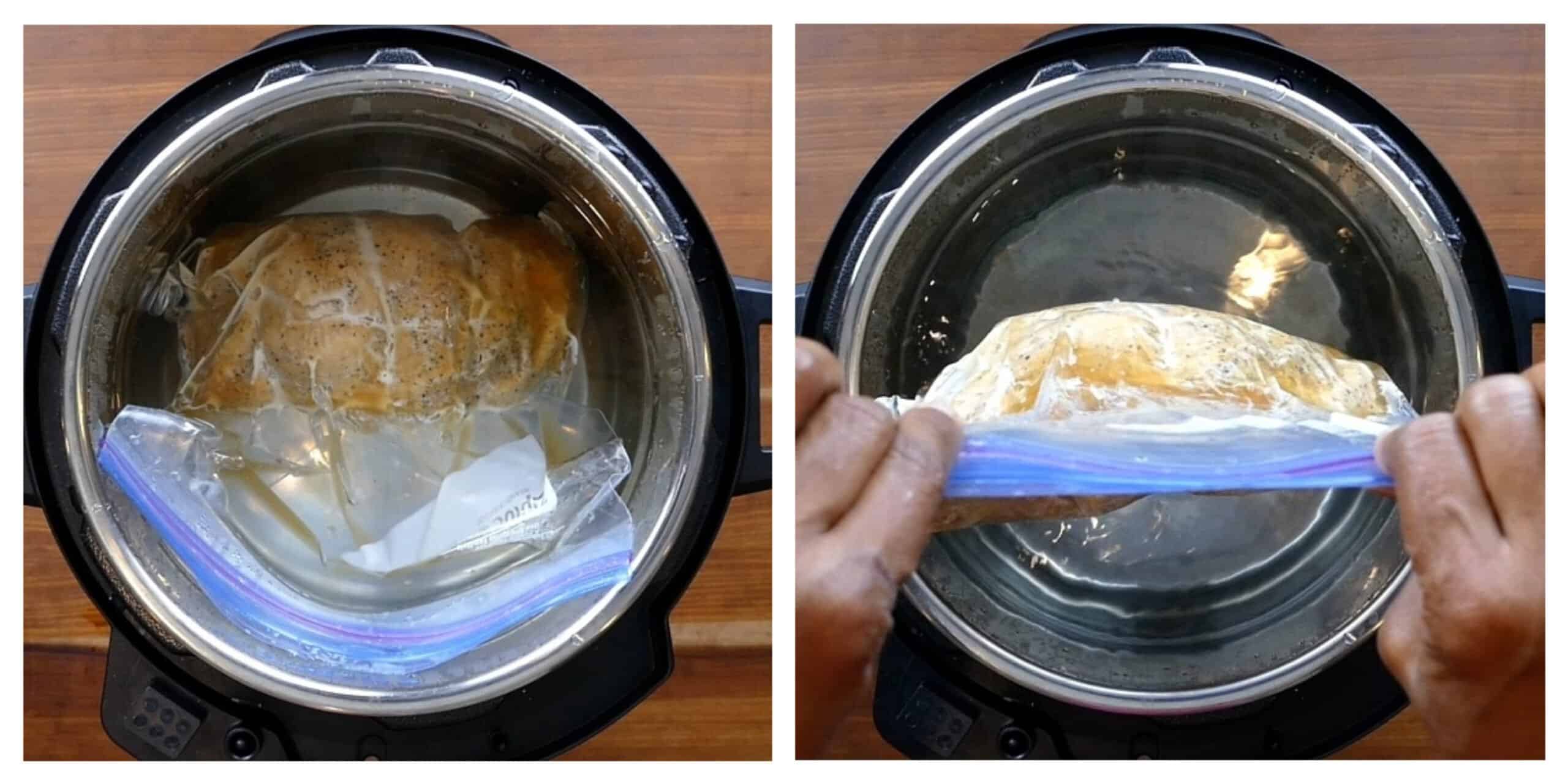 Instant Pot Sous Vide Turkey Breast Instructions collage - turkey cooked in bag, lift bag out of water