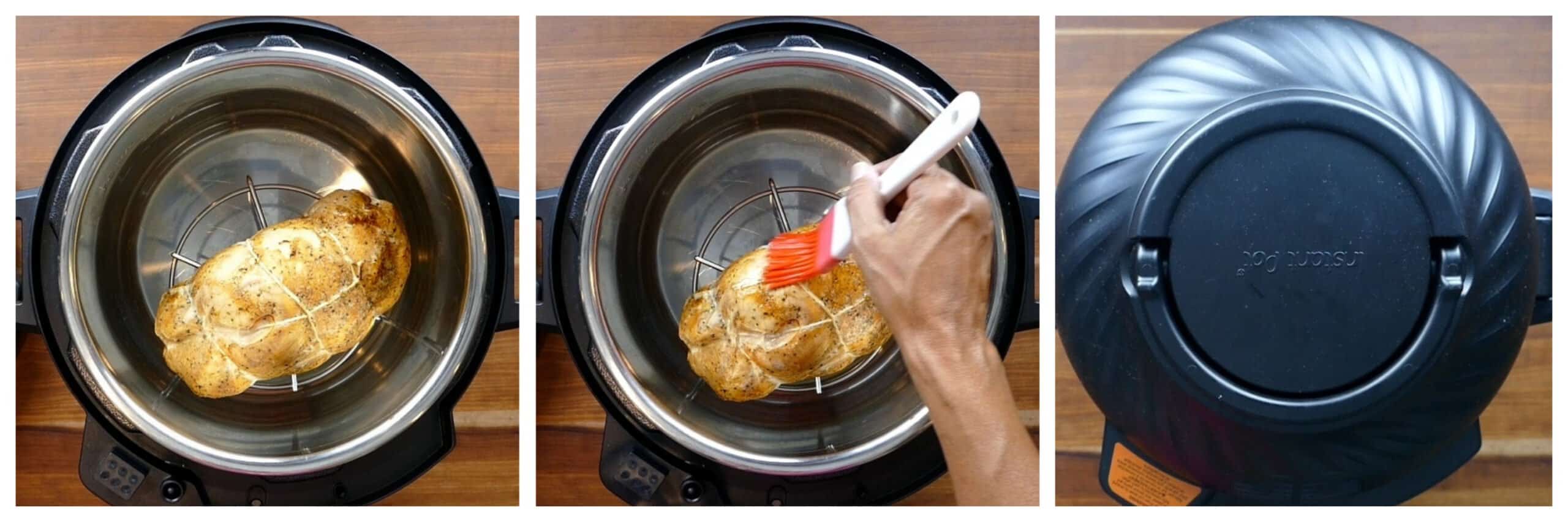 Instant Pot Sous Vide Turkey Breast Instructions collage - golden brown turkey, baste with oil. lid on