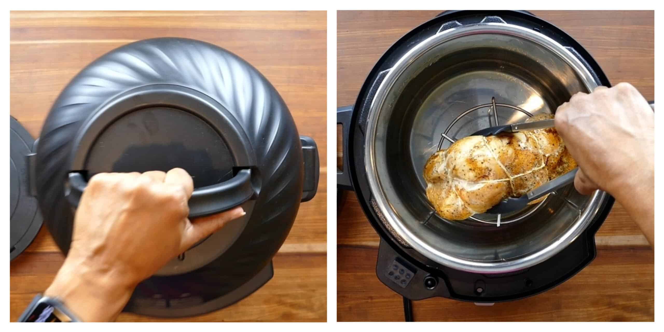 Instant Pot Sous Vide Turkey Breast Instructions collage - remove air fryer lid, take out turkey with tongs
