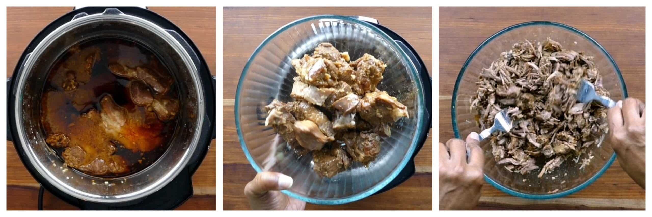 Instant Pot Asian Pulled Pork Instruction collage - cooked pork, pork in bowl, pork being shredded