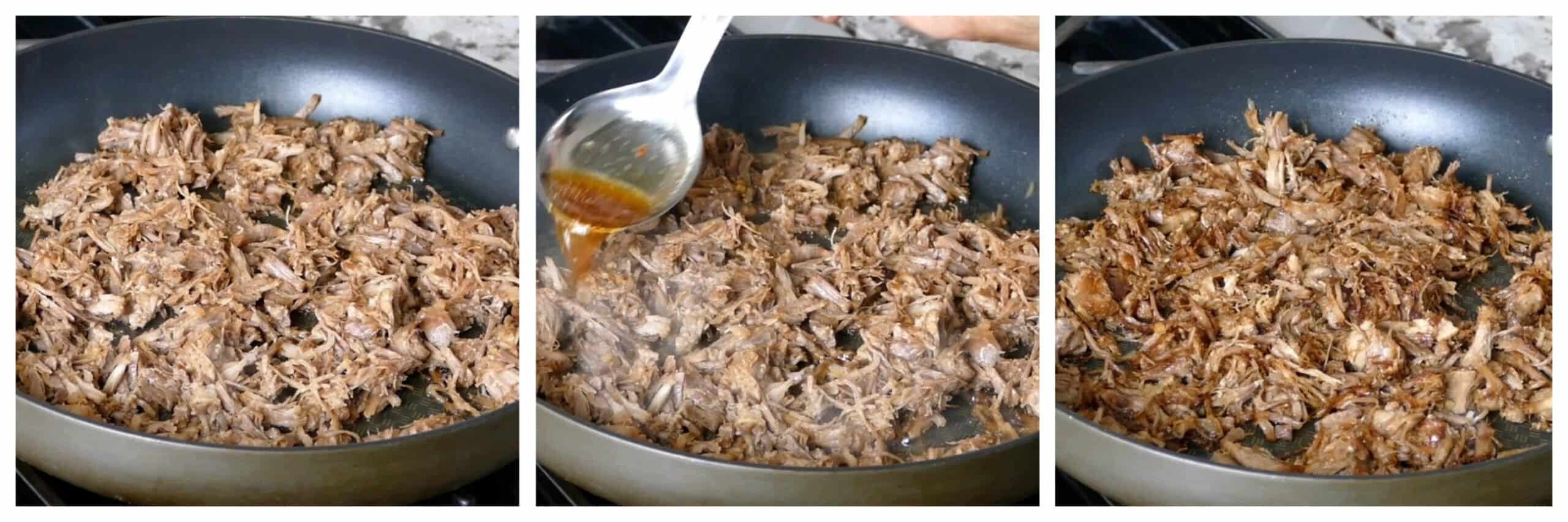Instant Pot Asian Pulled Pork Instructions collage - pork in frying pan, add sauce, pork fried