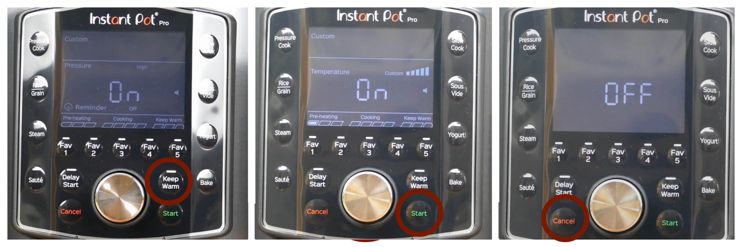 Instant Pot Pro collage - keep warm button, start buttom, cancel button