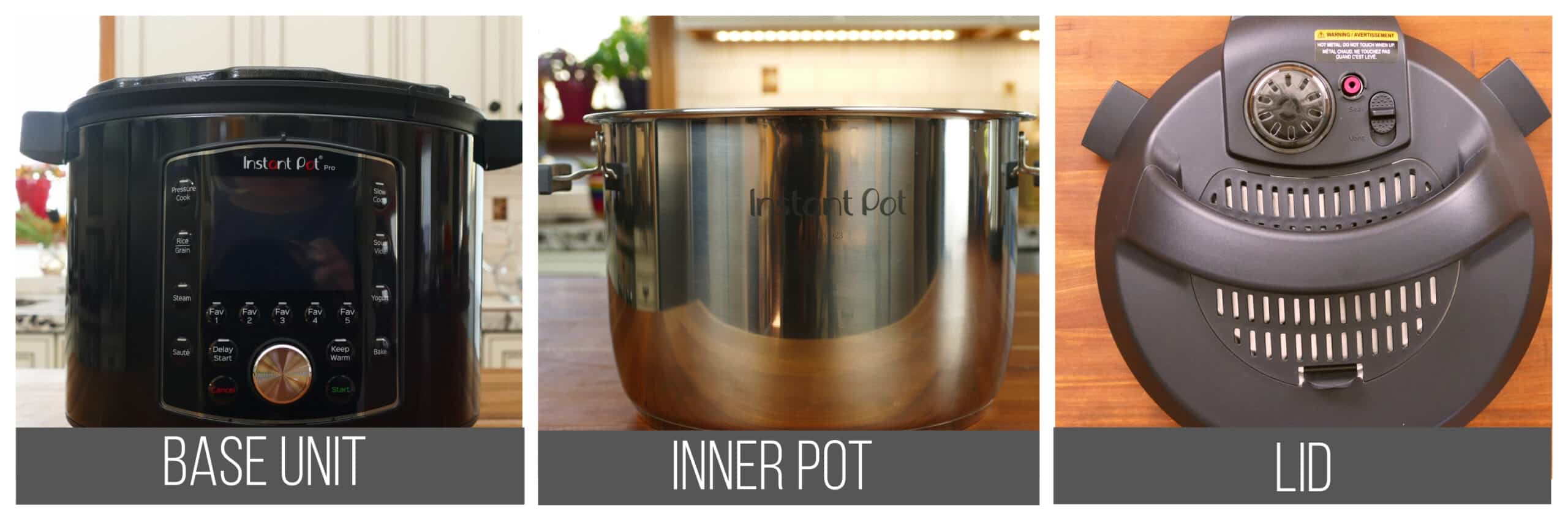 Instant Pot pro parts collage - base unit, inner pot, lid