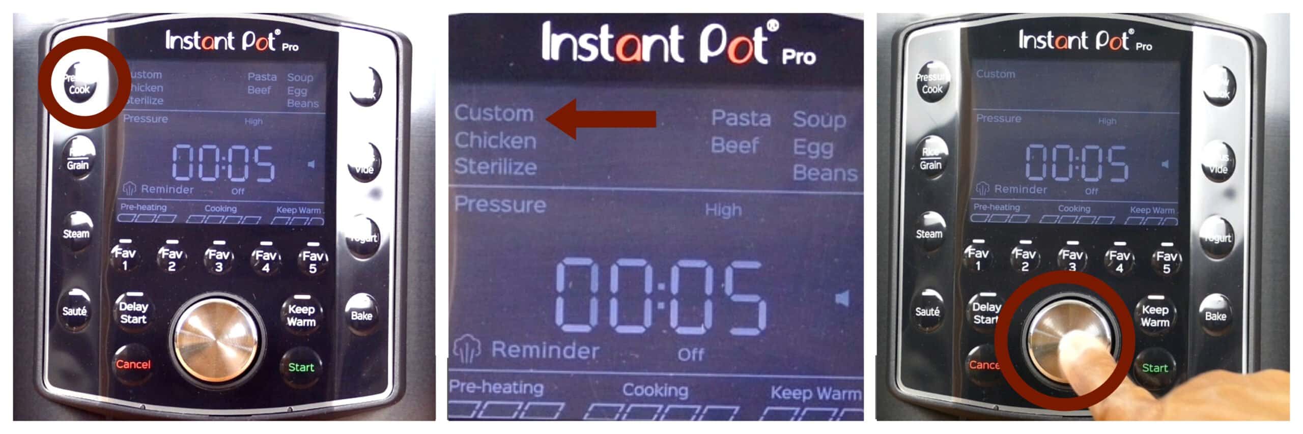Instant Pot pro pressure cook collage - pressure cook button, custom, press knob