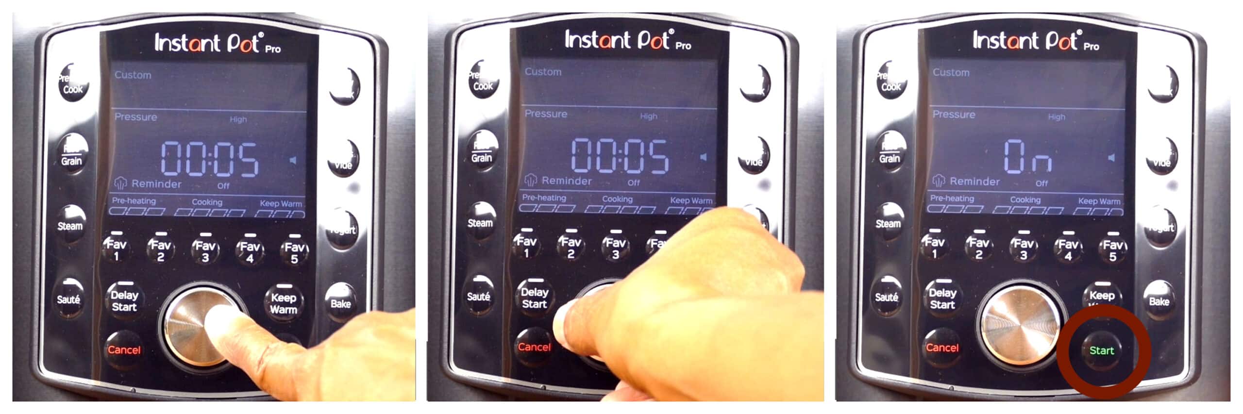 Instant Pot pro pressure cook collage - press knob, turn knob to 00:05, start button
