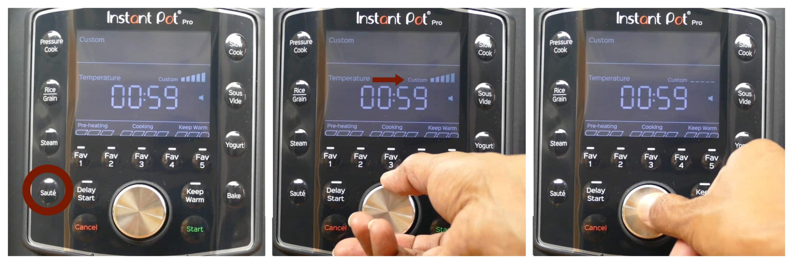 Instant Pot pro saute collage - press saute, turn knob to custom temperature, press knob to select custom