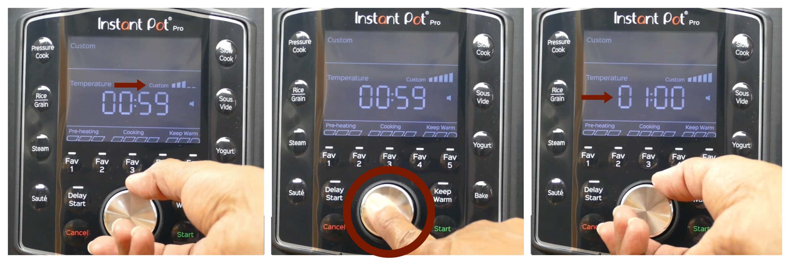 Instant Pot pro saute collage - turn knob to set custom, press knob to confirm custom level, turn knob to set time