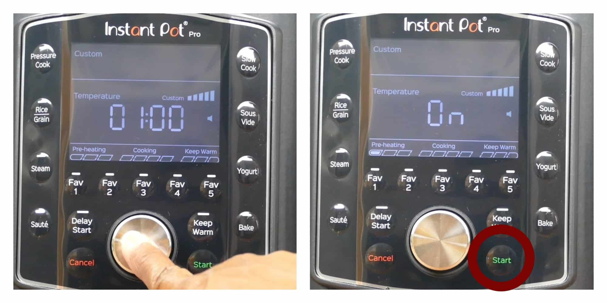 Instant Pot pro saute collage -press button to confirm time, press start